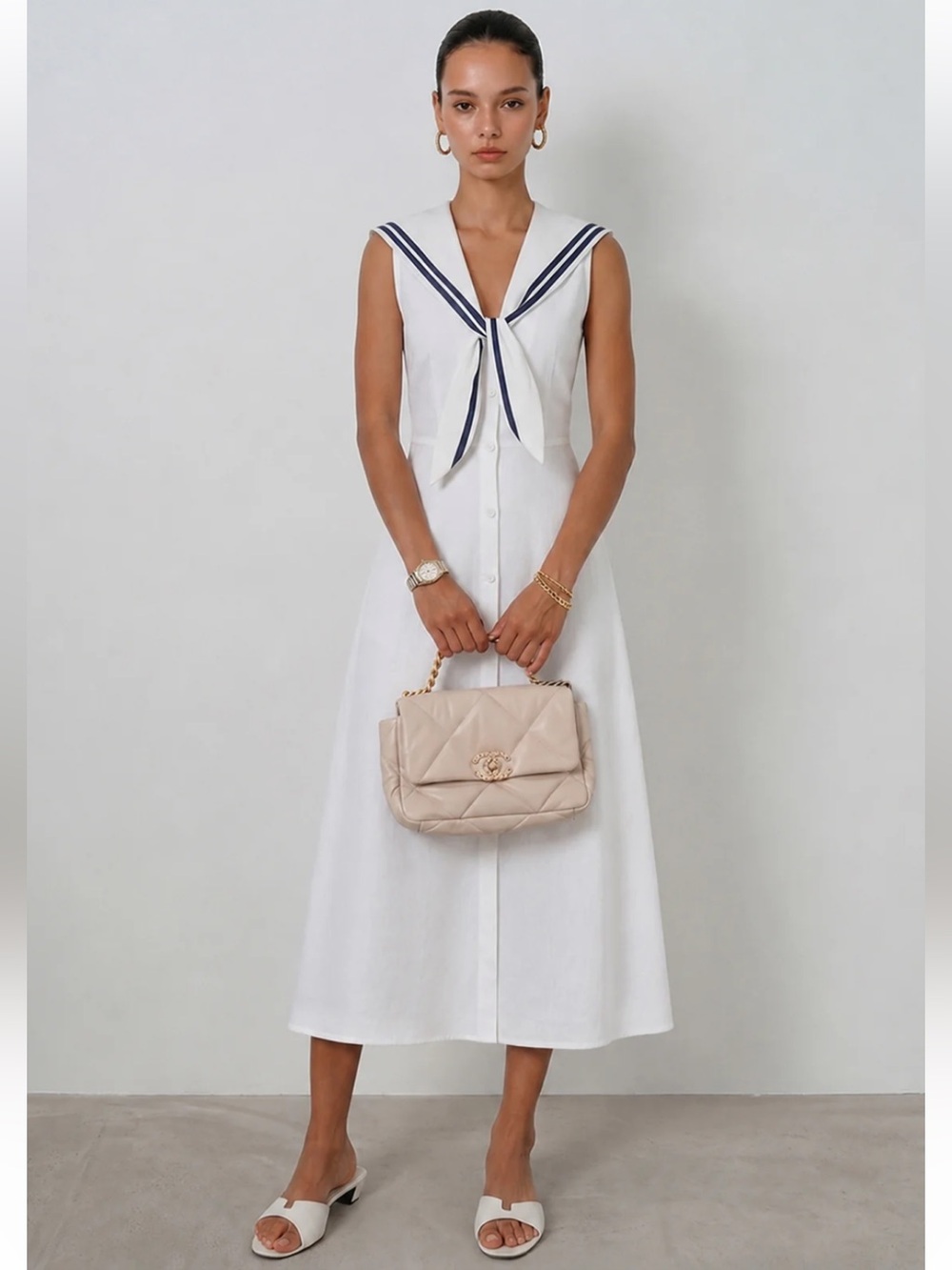 NWT Commense Sleeveless Sailor Collar Cotton Linen Midi Dress